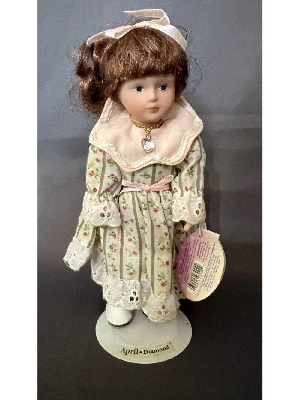 Porcelain Doll Of The Month April With Stand Floral Dress & Heart Necklace Russ